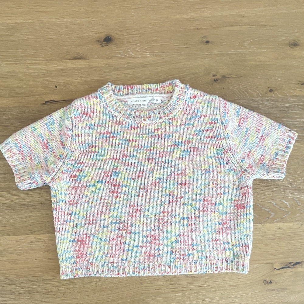 Altar'd‎ State Multicolor Knit Crew Neck Short Sleeve Cropped Sweater XXS